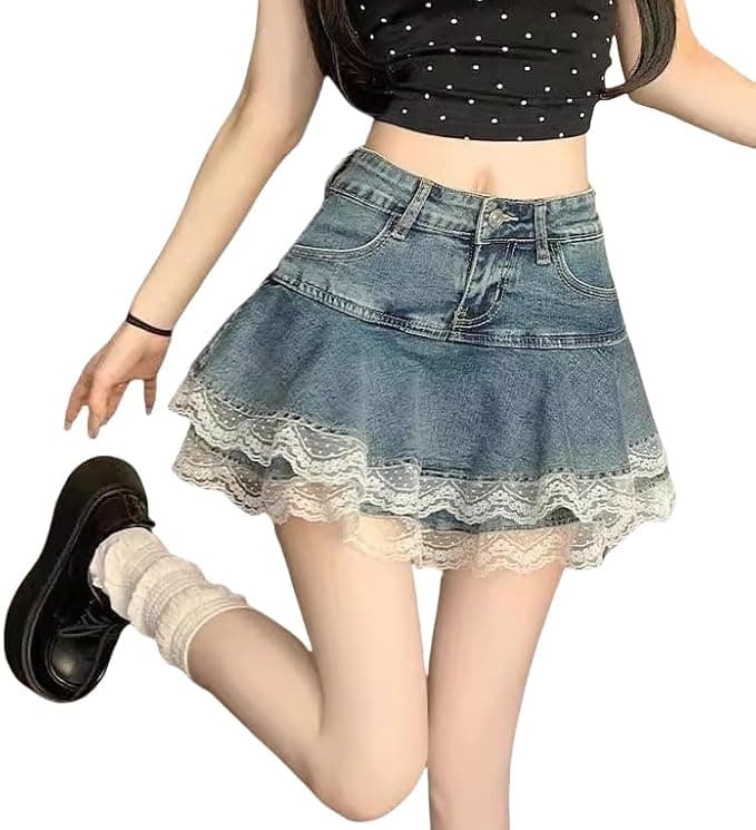 Qualitup Y2K Layered Denim Mini Skirt with Lace Detail - Image 1